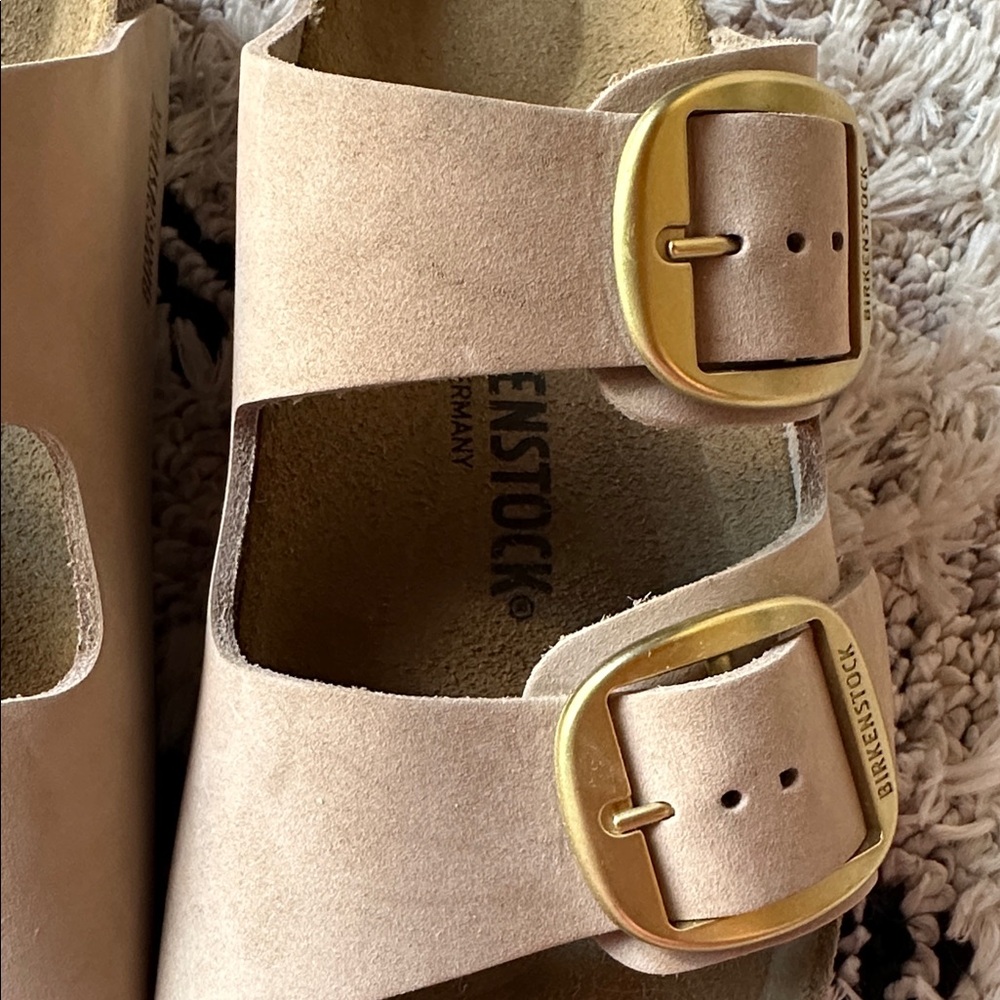 Birkenstock Two-Strap Sandals Beige with Gold Buckles - Picture 2 of 5